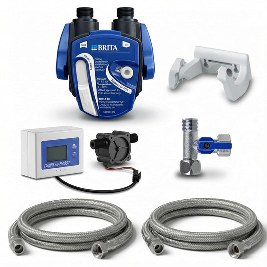 Nieuwe Water Group | Ondertafel-waterfilter: BRITA filterkop, BRITA filter P1000, filterwisselindicator (Digiflow-waterklok), flexibele slang, hoekventiel-adapter