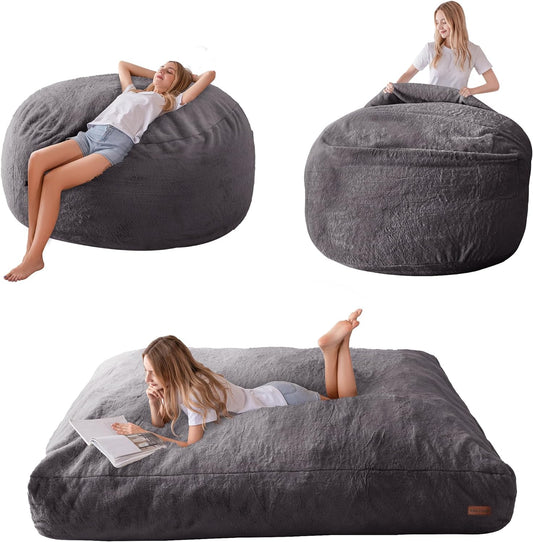 MAXYOYO Bean Bag Bed Convertible Bean Bag to Bed Foam Sofa with Shaggy Cover and Fluffy Filling for Adults, Teenagers Guests (Anthracite, Double Bed)