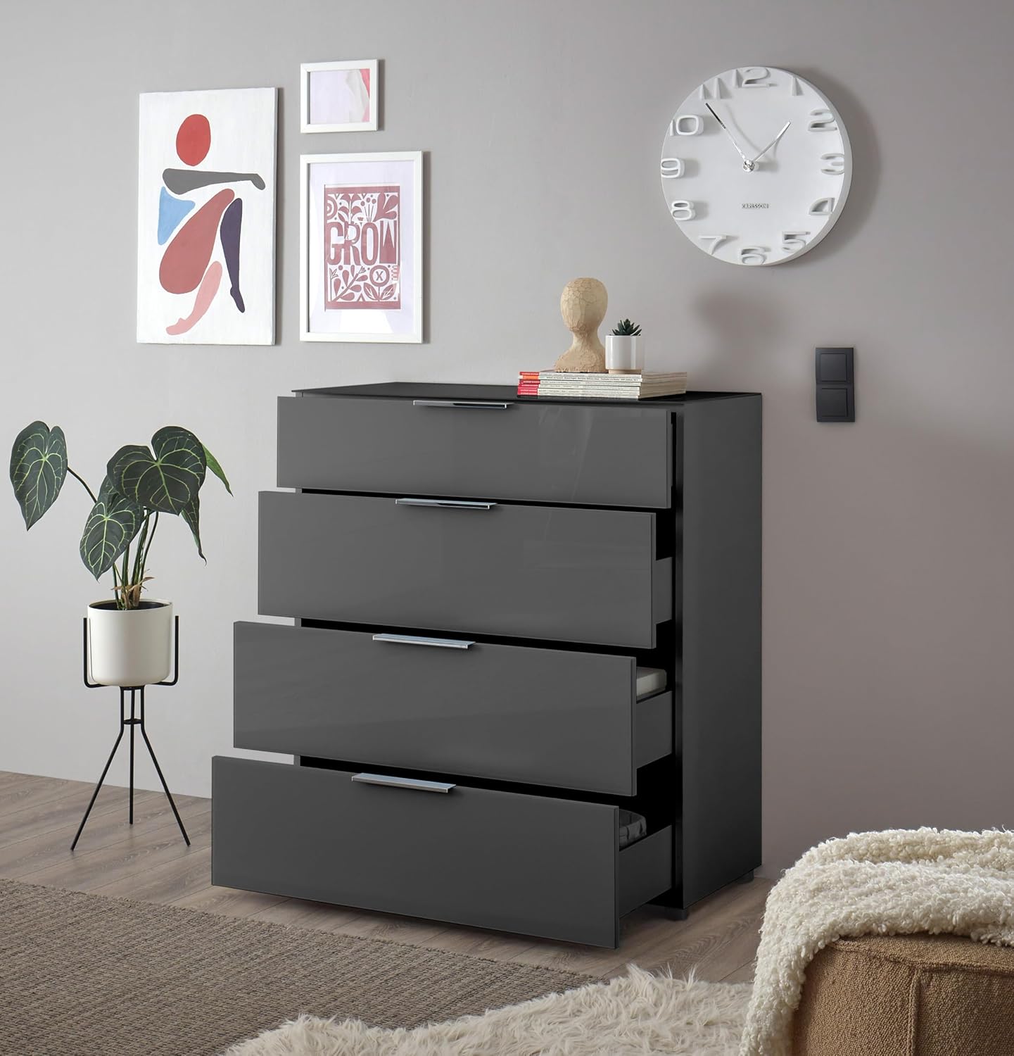 Ladekast – Dressoir – Opbergkast – Kast – Ladenkast – Antraciet Met Glasfront – 90x99x40 cm – Hout En Melamine