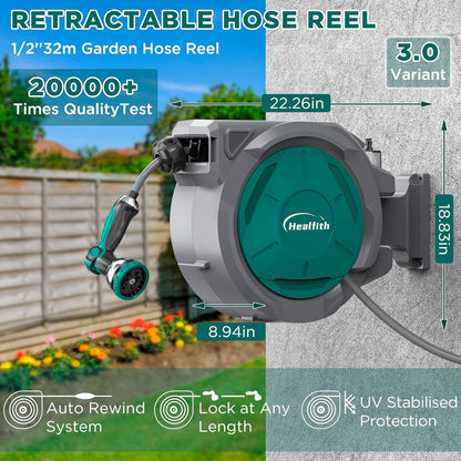 Wandgemonteerde tuinslanghaspel - 32+2 m intrekbare slangpijp, automatisch terugspoelsysteem, eenvoudig te installeren, elk lengteslot, 180 ° draaibare beugel, zware waterslanghaspel met stofkap