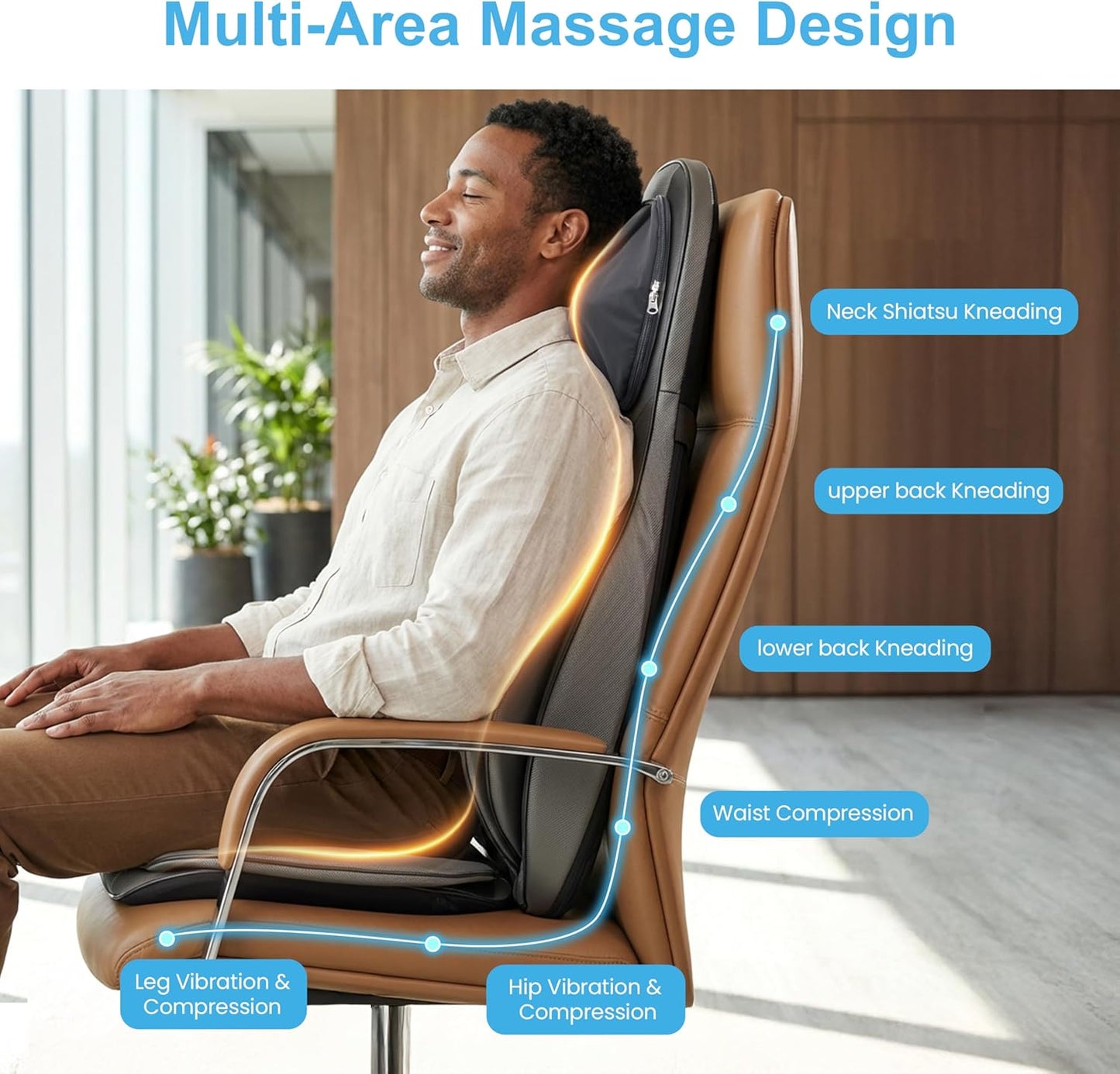 Shiatsu Massagekussen – Massagestoelkussen, stoelmassagekussen, rugmassagekussen, nekmassagekussen – Voor rug, nek, schouders en onderrug – 2D/3D-kneedmassage met warmte en instelbare luchtcompressie