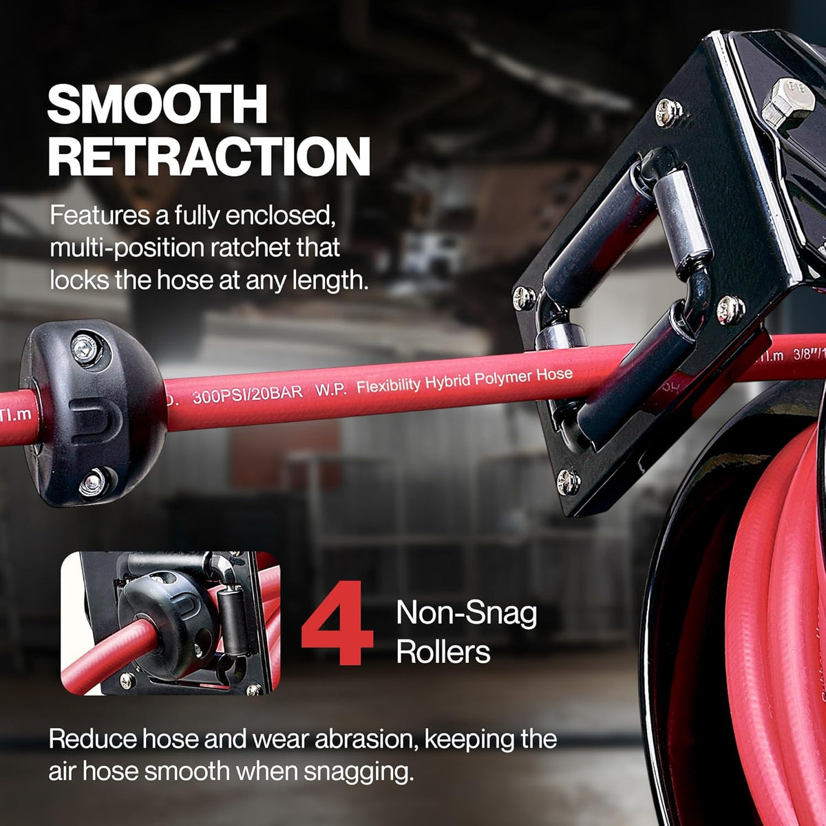 ReelWorks L815153HA Stalen Intrekbare Luchtcompressor/Waterslanghaspel met 3/8 "x 50 'Hybride Polymeerslang, Max. 300 psi