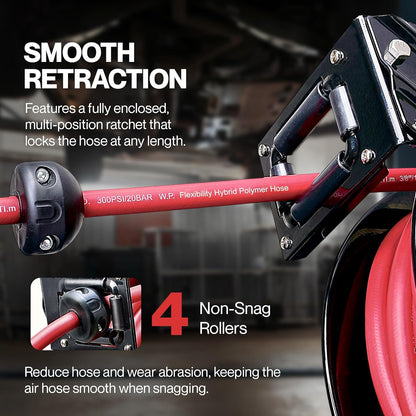 ReelWorks L815153HA Stalen Intrekbare Luchtcompressor/Waterslanghaspel met 3/8 "x 50 'Hybride Polymeerslang, Max. 300 psi