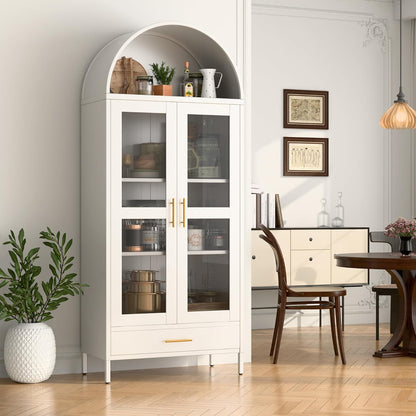 SUPEER 185 cm metalen gebogen opbergvitrine in wit met lade, gewelfde kasten met glazen deuren en planken voor woonkamer, keukens en slaapkamers, montage vereist