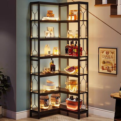 Tribesigns Corner Shelf, 7 Tier Industrial Corner Bookshelf, Wooden and Metal Corner Bookcase, Freestanding Display Shelf for Living Room, Kitchen, Home Office, Black