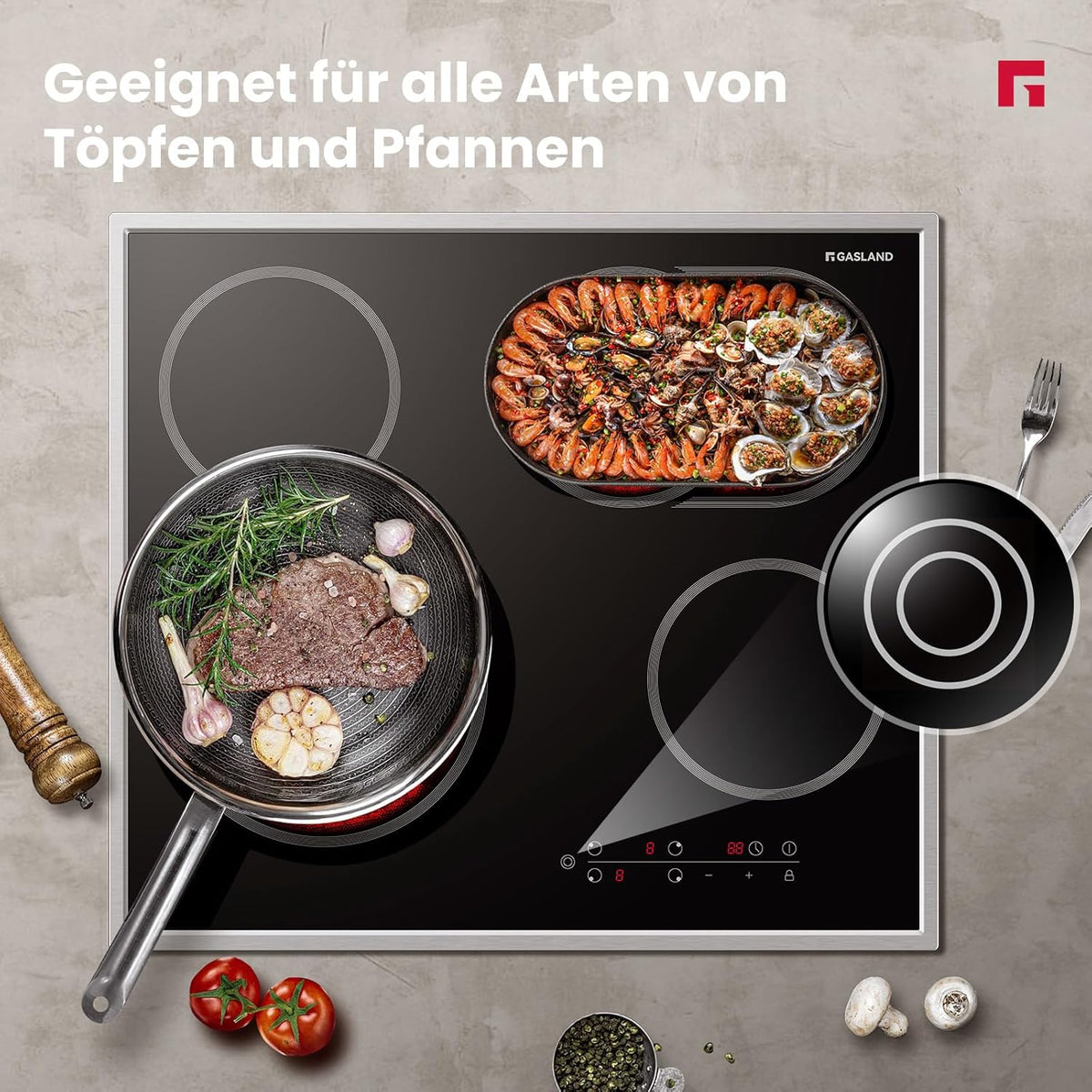 Zelfstandige Glaskeramische Kookplaat – Keramische Kookplaat – Elektrische Kookplaat – Inbouw Kookplaat – Zelfvoorzienende Kookplaat – 60 cm Breed – Roestvrijstalen Frame – 4 Kookzones Met Meercirkel En Braadzone – 6600W Vermogen