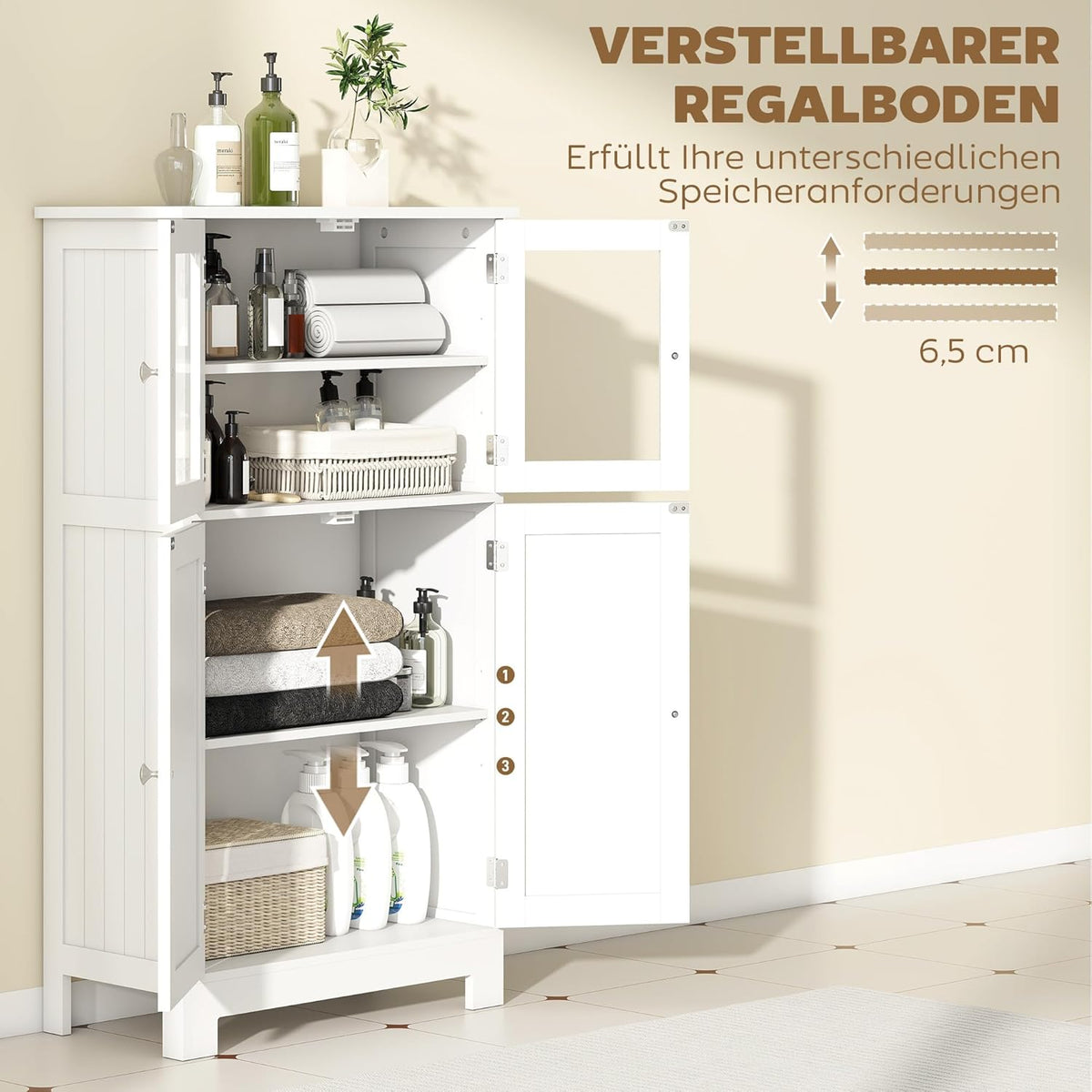 kleankin bathroom cabinet with glass doors and 2 storage compartments Storage cabinet with adjustable shelves Multi-function cabinet, anti-tilt protection, MDF, tempered glass, white, 60 x 30 x 109.5 - QUORE