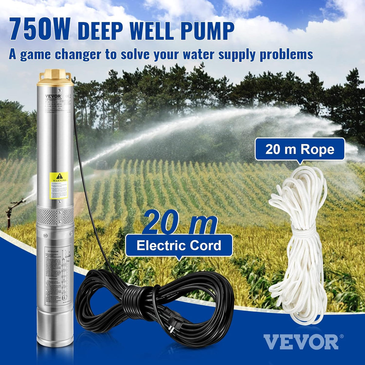 VEVOR Diepbronpomp motor met 750 W, dompelpomp voor fonteinen, 230 V, 50 Hz, dompelpomp voor fonteinen, maximale debiet van 100 l/min, bronpomp voor akkerland, fabrieken, mijnbouw