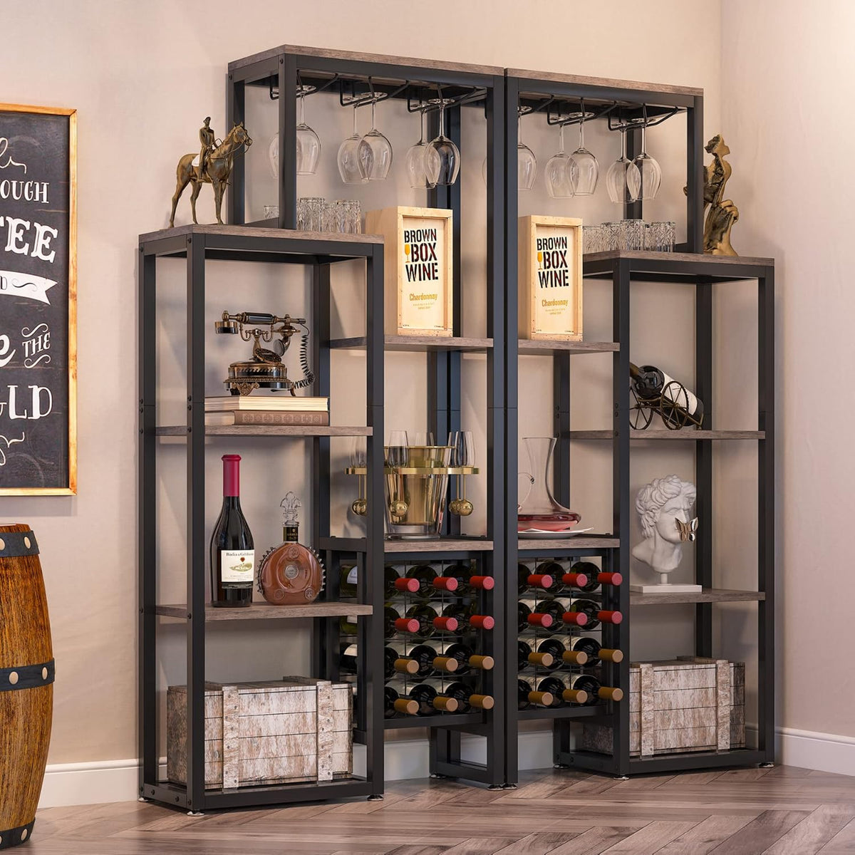 Tribesigns 2 Pcs Freestanding Floor Wine Rack - 5 Tier Wine Display Shelf with Glass Holder and Storage, Industrial Bar Cabinet for Kitchen, Dining Room (Rustic Gray)