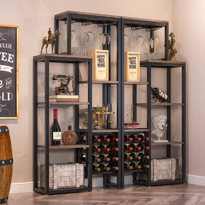 Tribesigns 2 Pcs Freestanding Floor Wine Rack - 5 Tier Wine Display Shelf with Glass Holder and Storage, Industrial Bar Cabinet for Kitchen, Dining Room (Rustic Gray)