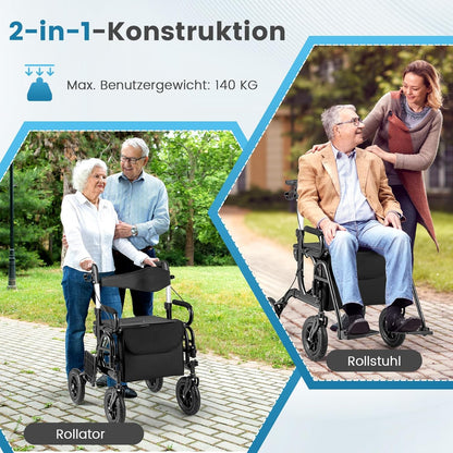 FANTASK 2-in-1 rolstoel & reisrollator, rollator van aluminium met opvouwbaar design, zwarte reisrollator met hoogteverstelsysteem, rolstoel met tas en stokhouder