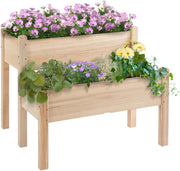 Outsunny verhoogd bed, 2 verdiepingen, koud frame, kruidenbed, plantenbak met 8 afvoergaten, massief hout, naturel, 86 x 85 x 72 cm