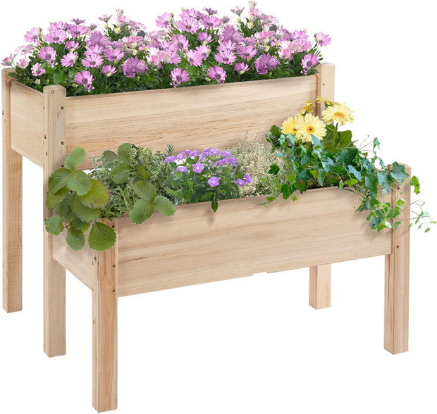 Outsunny verhoogd bed, 2 verdiepingen, koud frame, kruidenbed, plantenbak met 8 afvoergaten, massief hout, naturel, 86 x 85 x 72 cm