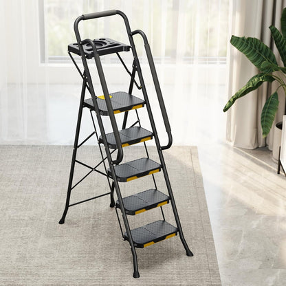 KINGRACK 5-traps ladder, opstapladder 5-traps inklapbaar met gereedschapsbak en veiligheidsleuningen, Lightwight huishoudladder voor uw keuken, voorraadkast, kasten, kantoorgebruik