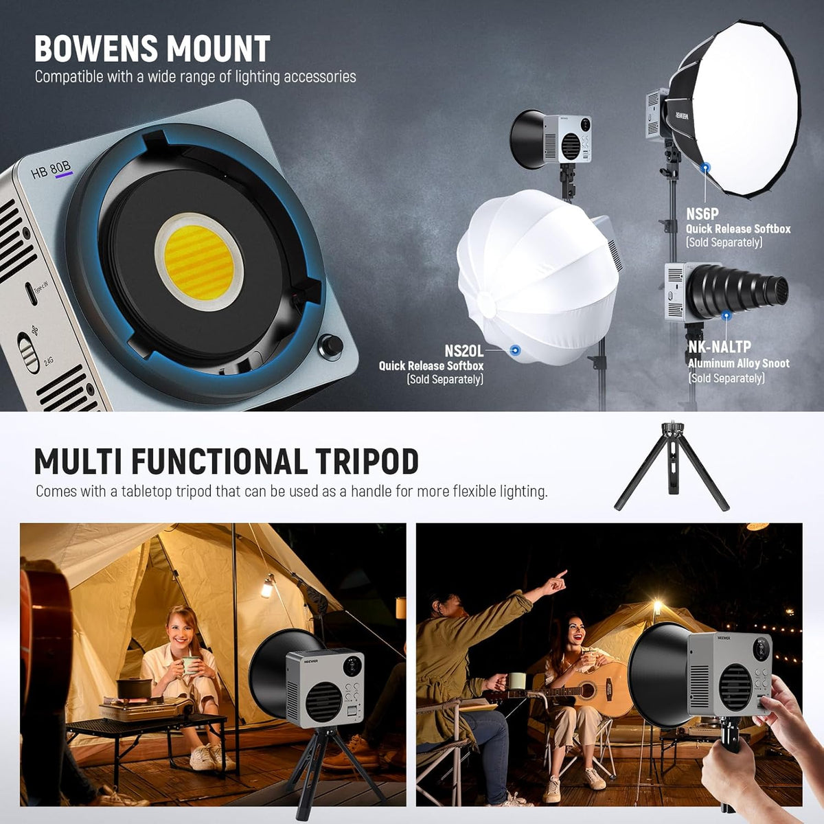 NEEWER HB80B HB80B Led-videolamp, 80 W, met batterij 72 Wh en snel opladen, PD 100 W, app-bediening/2,4 G, mini-licht continu COB tweekleurig, draagbaar, voor studio, 26500 lx/1 m, 2700-6500 K