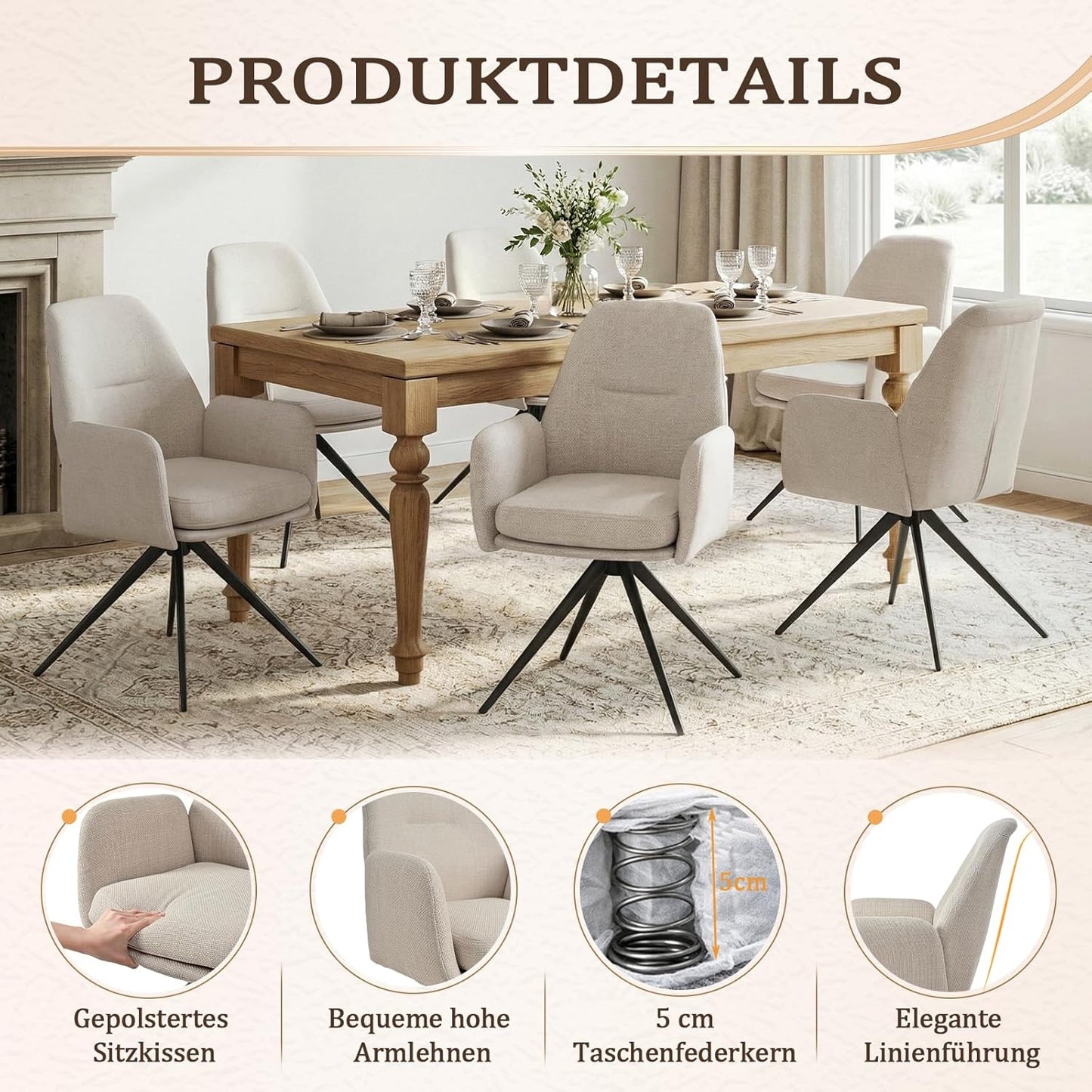 1 Draaibare Eetkamerstoelen 360° van Linnen met Armleuningen, Hoge Rugleuning en Dikke Gevulde Zitting, Beige