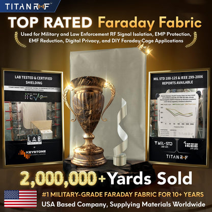 TitanRF Faraday Fabric - Pro Construction Kit - Military Grade Fabric Blocks RF Signals (WiFi, Cell, Bluetooth, etc.) - 44in Width x 18ft Length (1.1m x 5.5m) + Free 20ft Conductive Tape