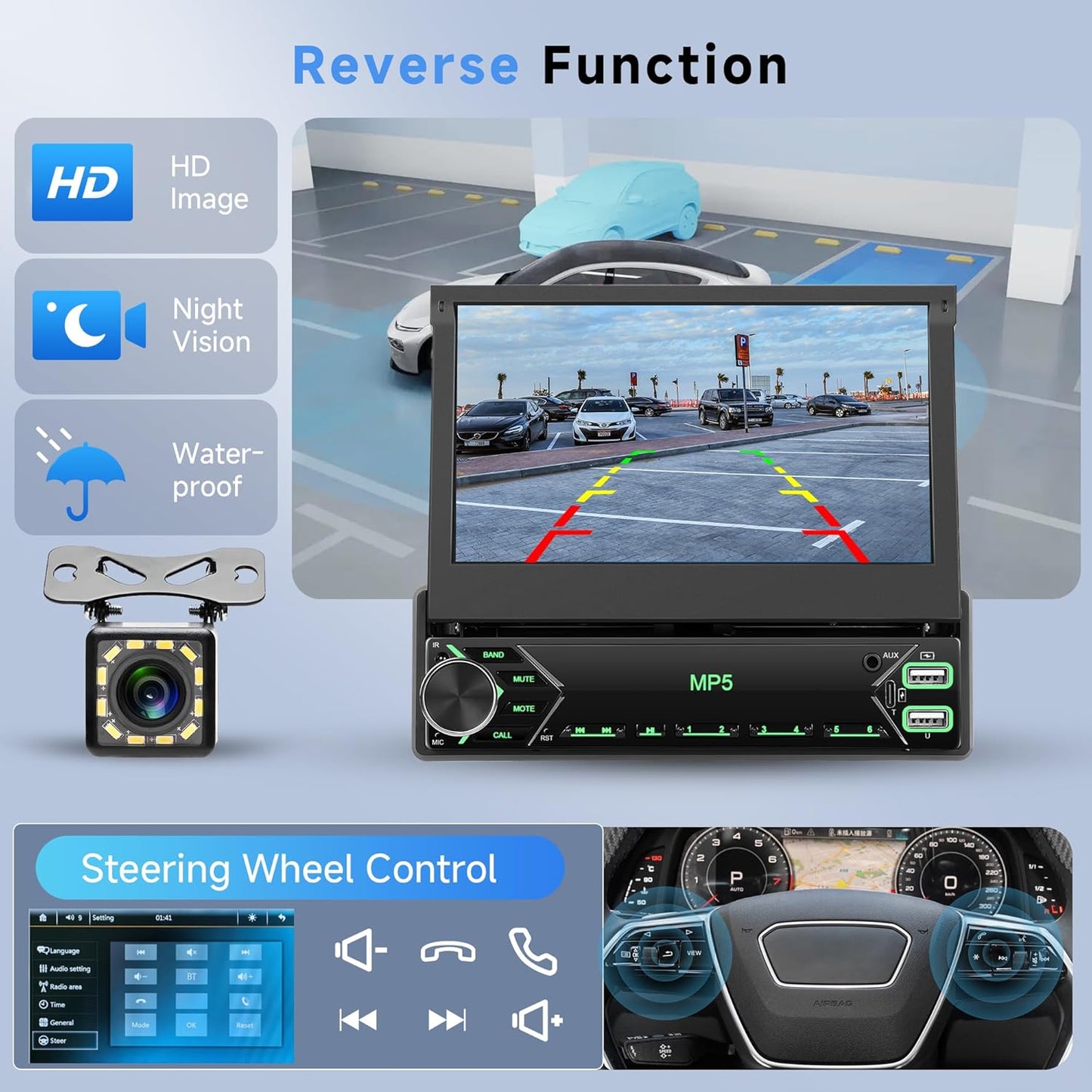 1 DIN autoradio met Bluetooth, iOS/Android Mirror Link, 7-inch handmatig inklapbaar touchscreen, Bluetooth handsfree bellen, FM-radio/USB/AUX/EQ/Type C, stuurwielbediening + achteruitrijcamera
