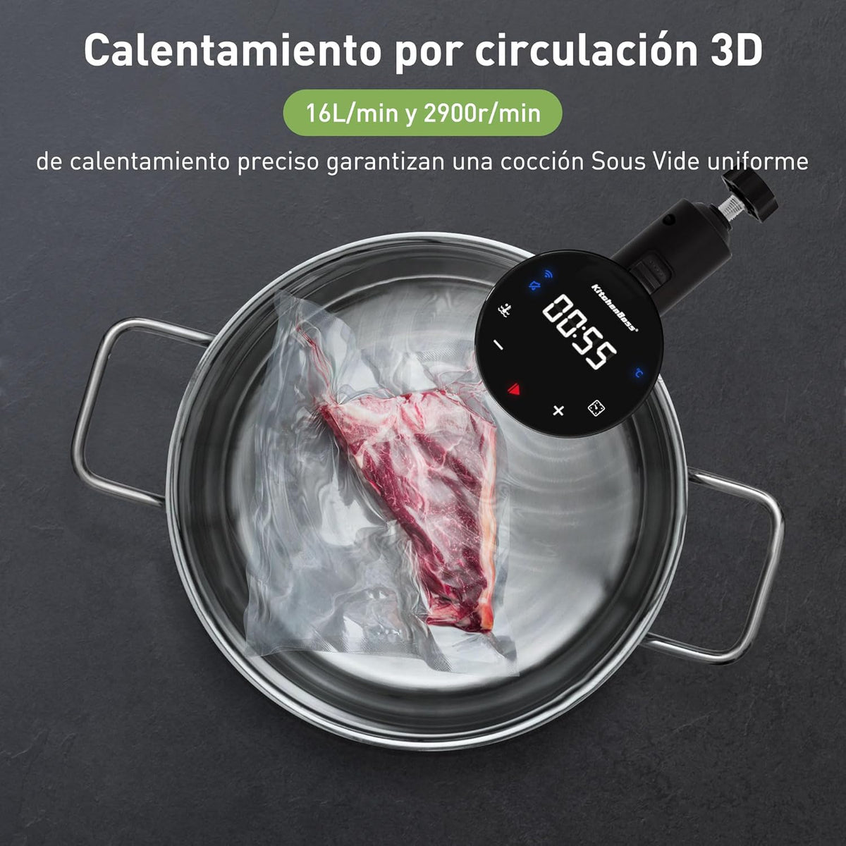 KitchenBoss Sous Vide Stick Garer: 1100 W precisietoestel wifi sous-vide stick app-besturing sous-vide staaf circulatie 40 ℃-90℃ IPX7 waterdicht LED Touch Display ultra-stille dompelcirculator