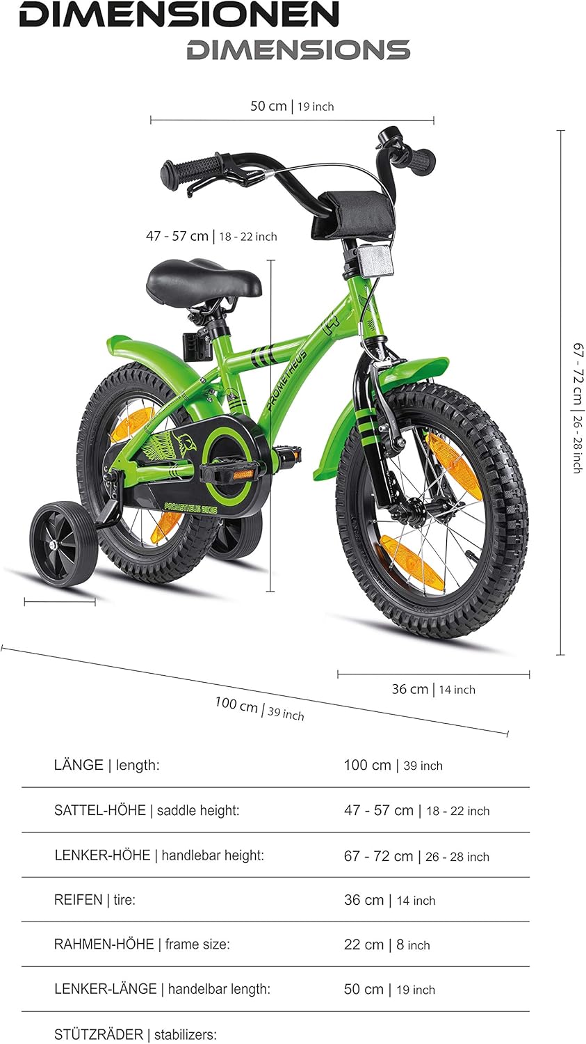 PROMETHEUS BICYCLES kinderfiets 14 inch fiets jongens meisjes van 4 jaar oude met zijwieltjes terugtraprem in groen BMX