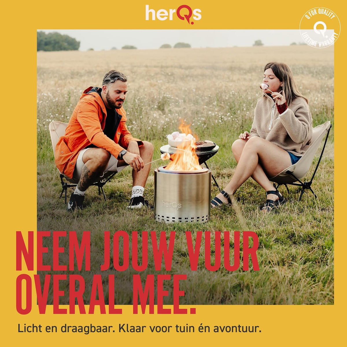 herQs Cozy - Rookvrije vuurkorf van roestvrij staal Ø38 cm voor 4-6 personen – Smokeless firepit met secundaire verbranding – Inclusief draagtas en asopvangbak - voor de kleine en gemiddelde tuin