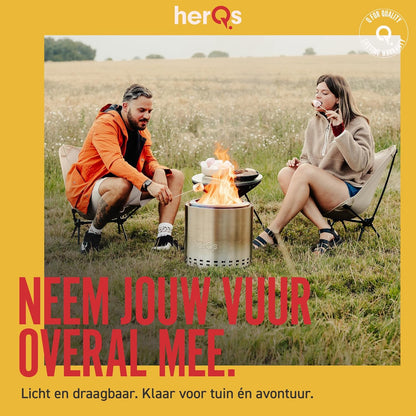 herQs Cozy - Rookvrije vuurkorf van roestvrij staal Ø38 cm voor 4-6 personen – Smokeless firepit met secundaire verbranding – Inclusief draagtas en asopvangbak - voor de kleine en gemiddelde tuin