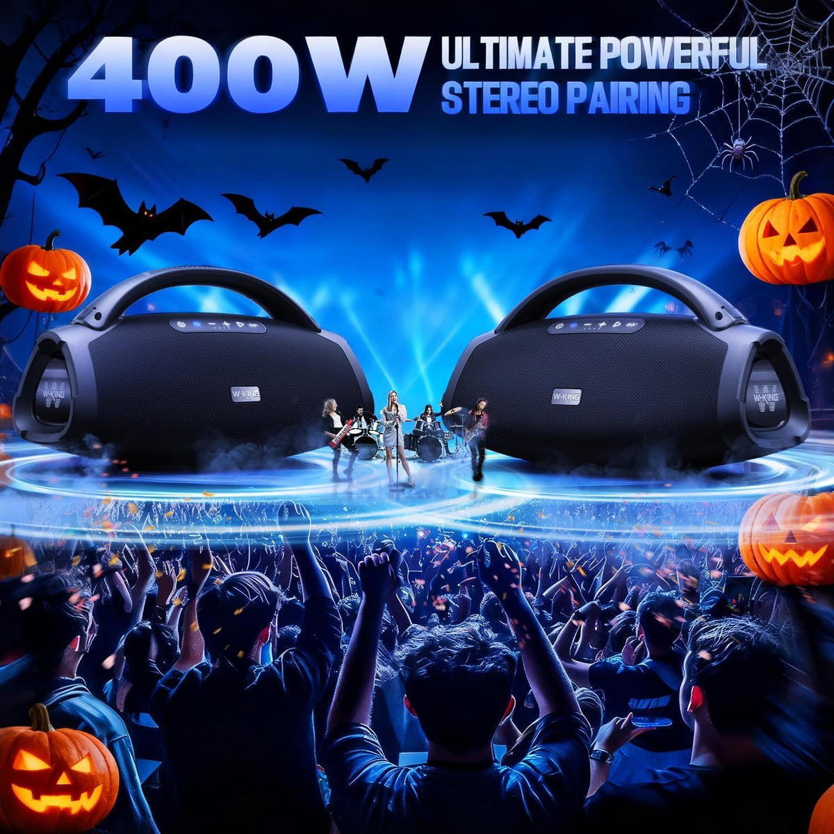 W-KING Bluetooth-luidspreker luid, draagbare draadloze luidspreker met 120W subwoofer, 50W*2 woofers, 15W*2 tweeter, 40Hz massieve bas, IPX7 waterdicht, APP, BT5.4, stereo-koppeling, OTG, grote