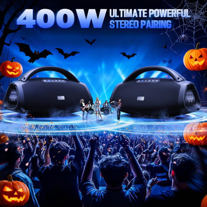 W-KING Bluetooth-luidspreker luid, draagbare draadloze luidspreker met 120W subwoofer, 50W*2 woofers, 15W*2 tweeter, 40Hz massieve bas, IPX7 waterdicht, APP, BT5.4, stereo-koppeling, OTG, grote