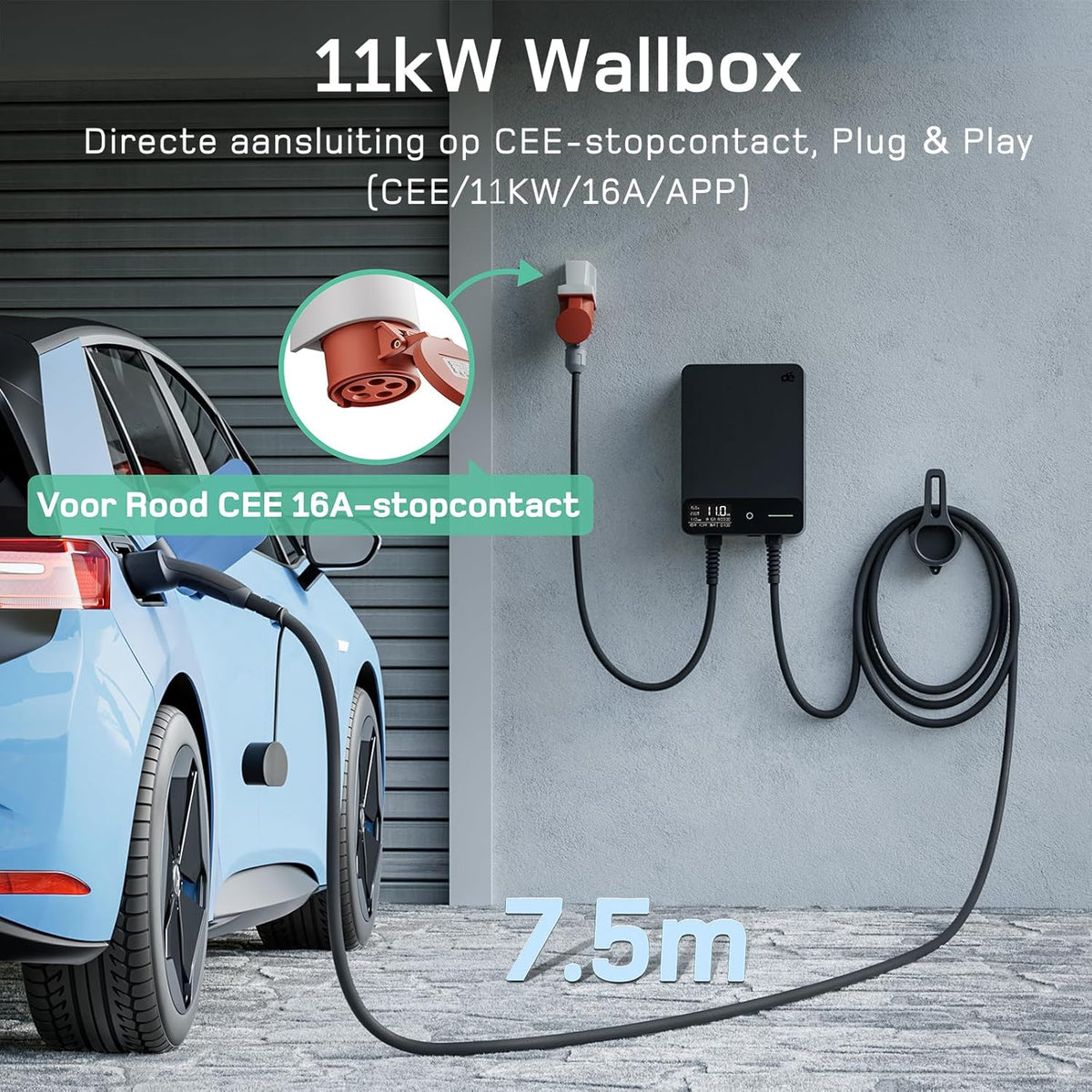 dé Wallbox 11kW [7,5m, 6-16A, 3-Fase] EV Oplader 11kW met APP en RFID, EV-laadstation met Aardlekschakelaar Type B en IP54 Bescherming, voor BEV/PHEV, Zwart