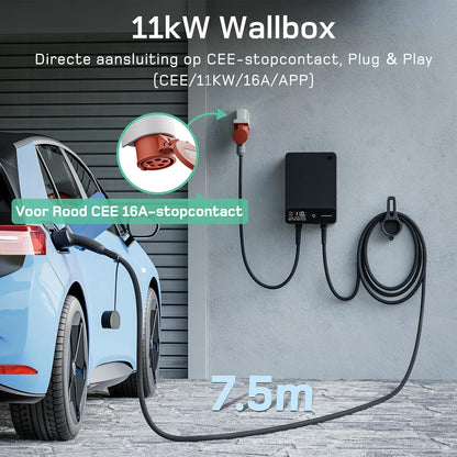 dé Wallbox 11kW [7,5m, 6-16A, 3-Fase] EV Oplader 11kW met APP en RFID, EV-laadstation met Aardlekschakelaar Type B en IP54 Bescherming, voor BEV/PHEV, Zwart