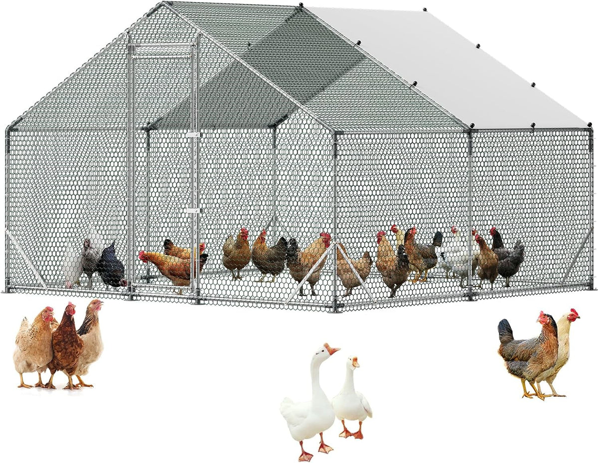 VEVOR Grote metalen kippenhok, 3 x 3 x 2 m, kippenhok met waterdichte afdekking en robuuste structuur, kooi voor gevogelte, met dak, eendenhok, konijn