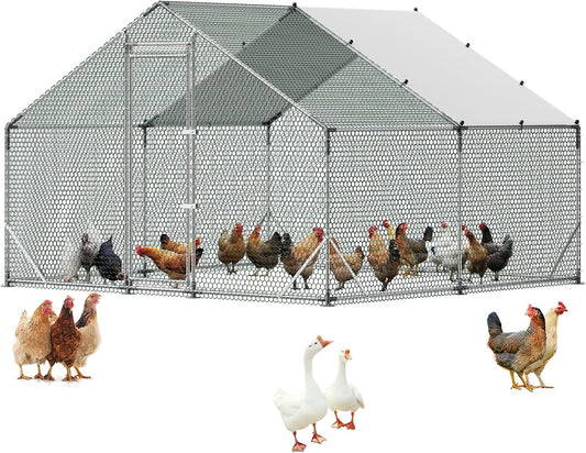 VEVOR Grote metalen kippenhok, 3 x 3 x 2 m, kippenhok met waterdichte afdekking en robuuste structuur, kooi voor gevogelte, met dak, eendenhok, konijn