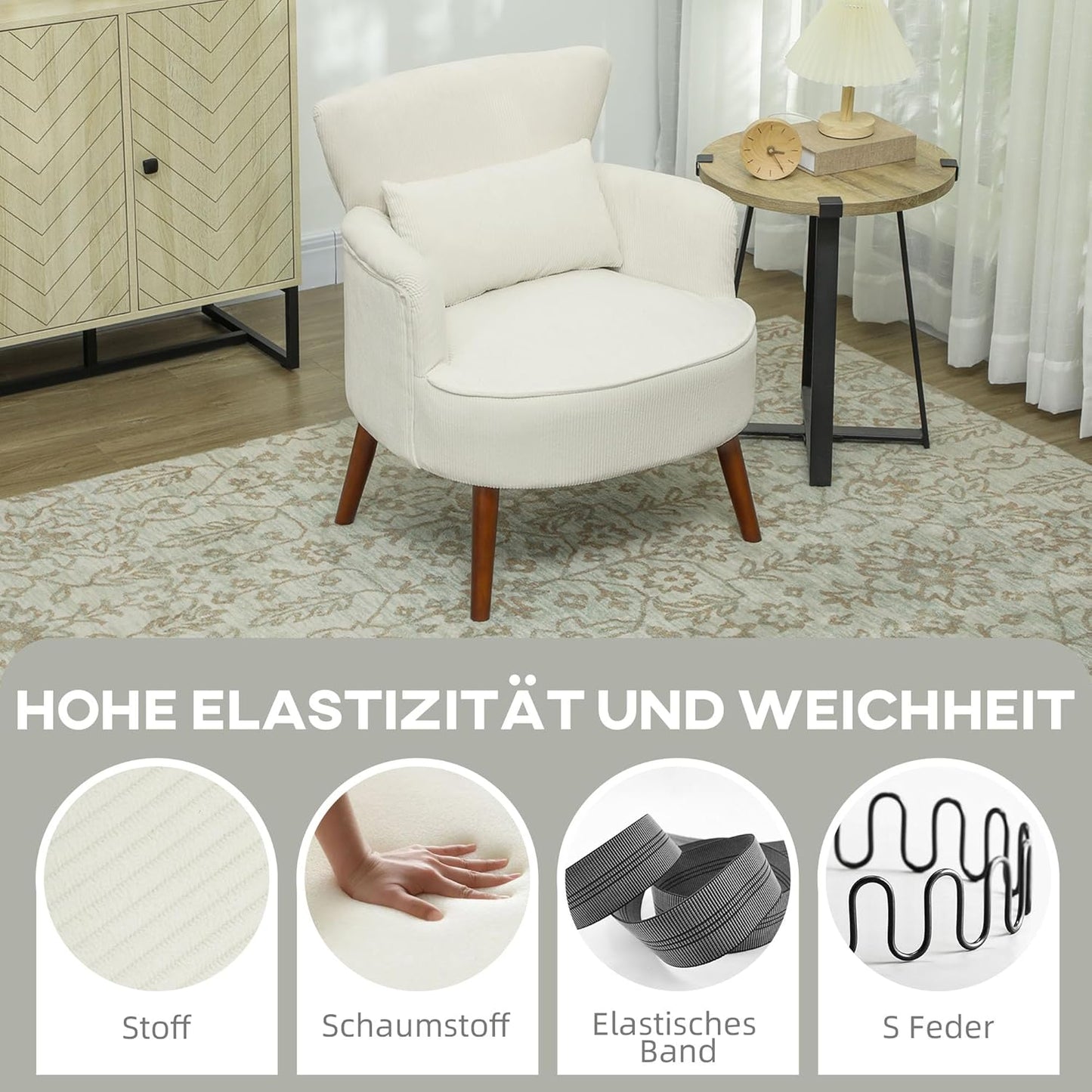 HOMCOM Lounge Chair with Armrests, Upholstered Chair with Cushion, Cord Look Armchair Wooden Legs Reading Chair for Living Room, Bedroom, Cream White HOMCOM Lounge Chair with Armrests - QUORE