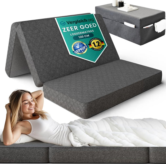 Inklapbare Slaapbank 3-in-1 Logeerbed en Opvouwbare Matras voor een Comfortabele Slaap - Klapbank voor Gasten - Vloermatras Bed voor (Tweepersoons met overtrek Donkergrijs, Tweepersoonsmatras)
