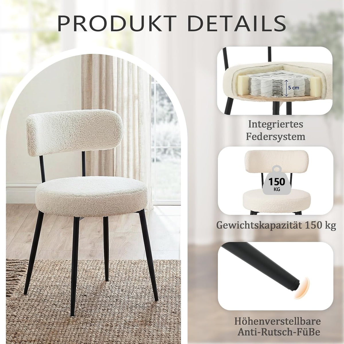Set van 2 Bouclé Teddy eetkamerstoelen, gestoffeerd, moderne keukenstoelen zonder armleuning en metalen poten, beige, comfortabele gestoffeerde stoelen voor eetkamer en keuken