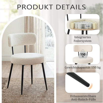 Set van 2 Bouclé Teddy eetkamerstoelen, gestoffeerd, moderne keukenstoelen zonder armleuning en metalen poten, beige, comfortabele gestoffeerde stoelen voor eetkamer en keuken