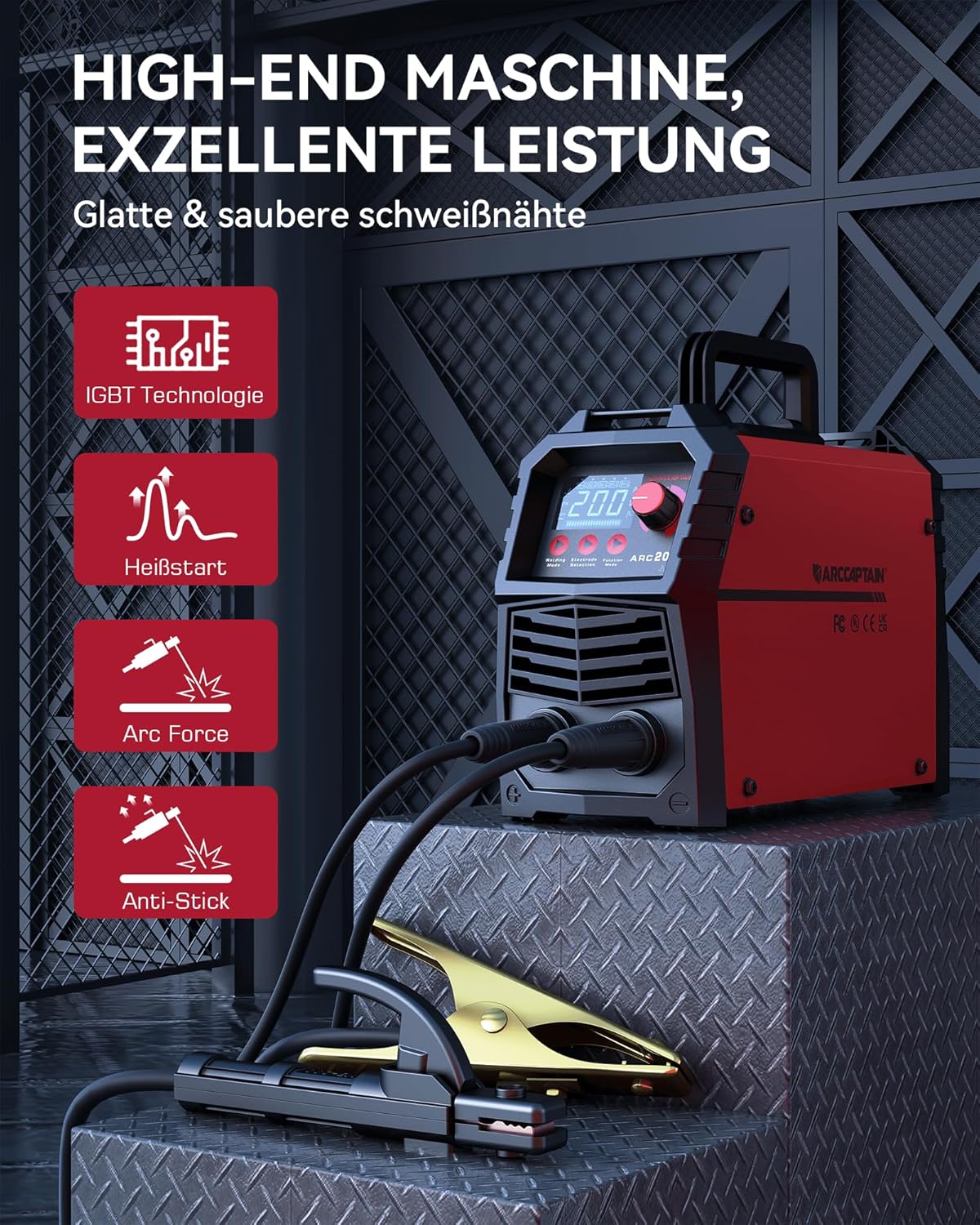 ARCCAPTAIN ARC 200 Lasapparaat: 200A IGBT DC lasapparaat met LED-display, synergetische bediening, lift TIG draagbaar compact elektroden lasapparaat
