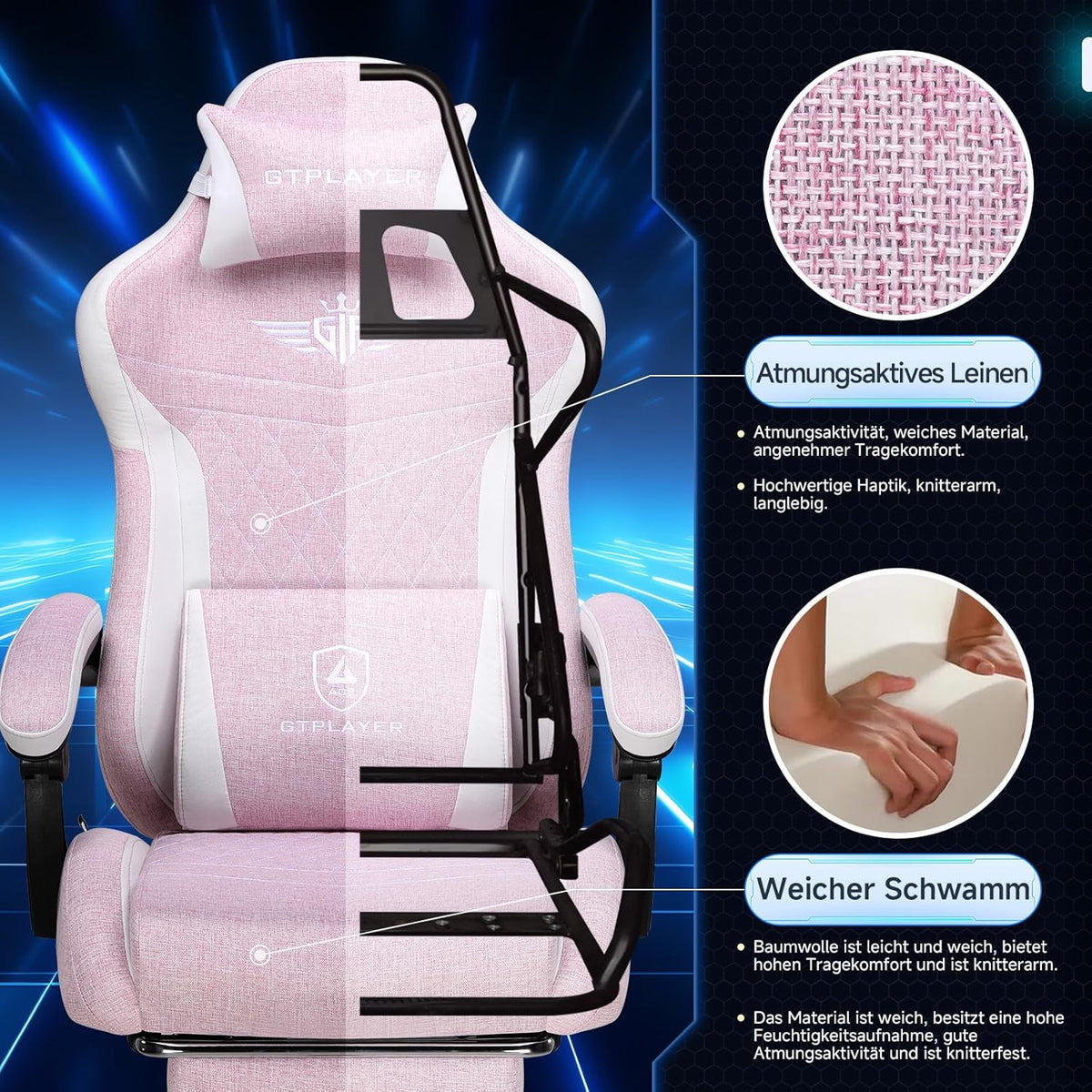 GTPLAYER Ergonomic Linen Gaming Chair with Lumbar Support, Computer Chair with Extended Backrest, Supports up to 150 kg, Pink - QUORE