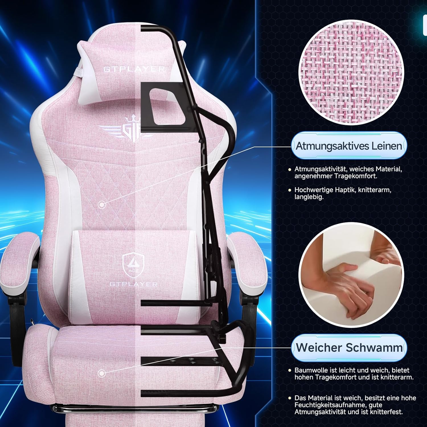 GTPLAYER Ergonomic Linen Gaming Chair with Lumbar Support, Computer Chair with Extended Backrest, Supports up to 150 kg, Pink - QUORE