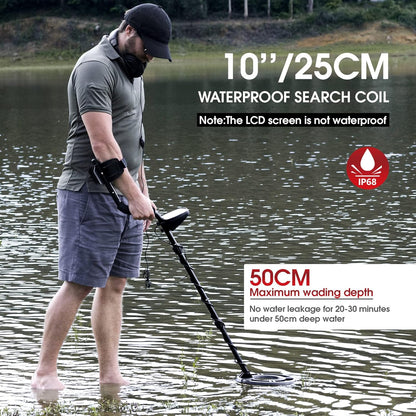 Metaaldetector voor Volwassenen – Goudzoeker, Gouddetector, Schatzoeker, Metaalzoeker – 10 Inch Waterdichte Zoekspoel – LCD-Scherm met Achtergrondverlichting en 4 Instelbare Modi