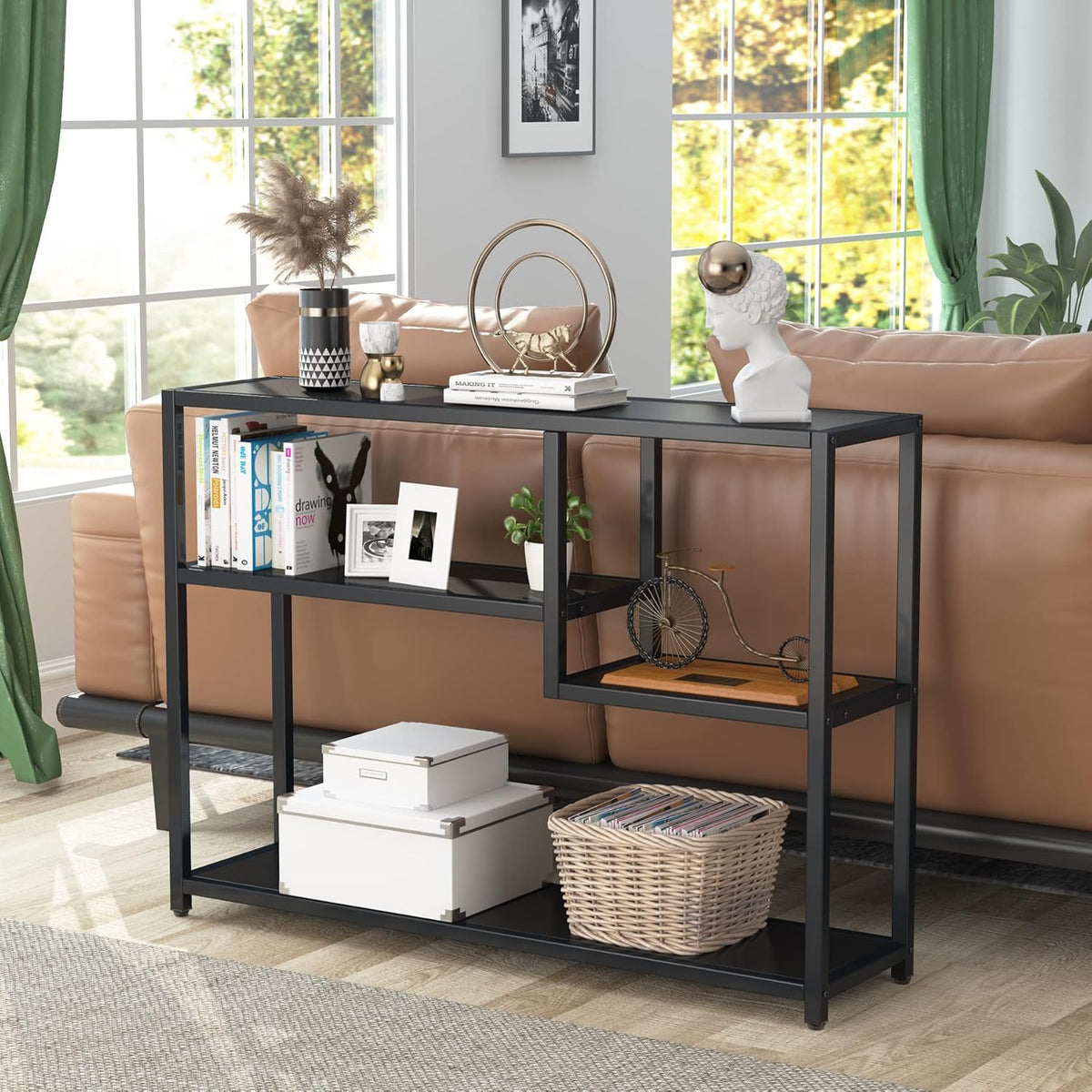 Tribesigns Console Table, Small Black Entrance Table with Storage Compartments, 108 cm, Vintage Side Table Rear Coffee Table for Living Room, Entrance, Hallway, Foyer, TV Stand