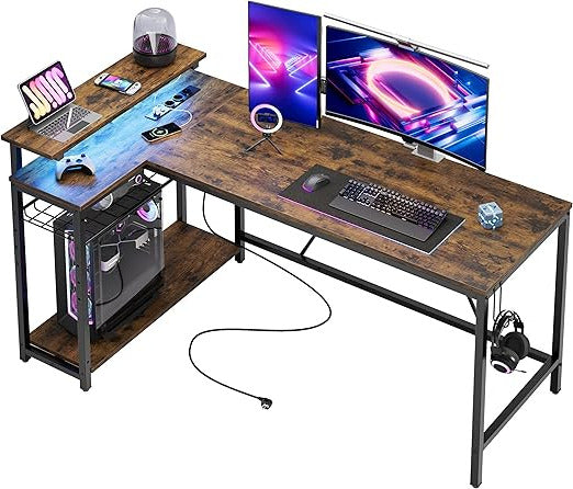Hoekbureau – L-vormig Bureau – Computerbureau – Werkplek Bureau – Gaming Bureau – 147 cm – RGB LED Verlichting – Ingebouwde Stopcontacten en USB-poorten – Rustiek Bruin