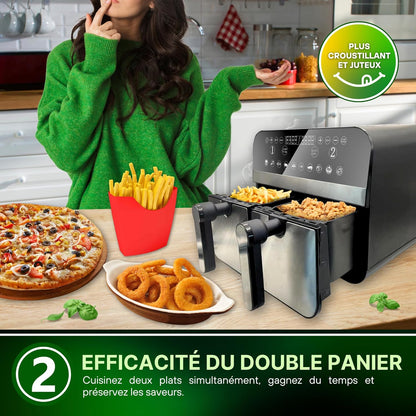 Comfy Nest, CNAFD45NS Heteluchtfriteuse, digitale dubbele mand, 2400 W, 9 l, van roestvrij staal, gezond en snel koken, ideaal voor je familiemaaltijden, 9 l, zilver