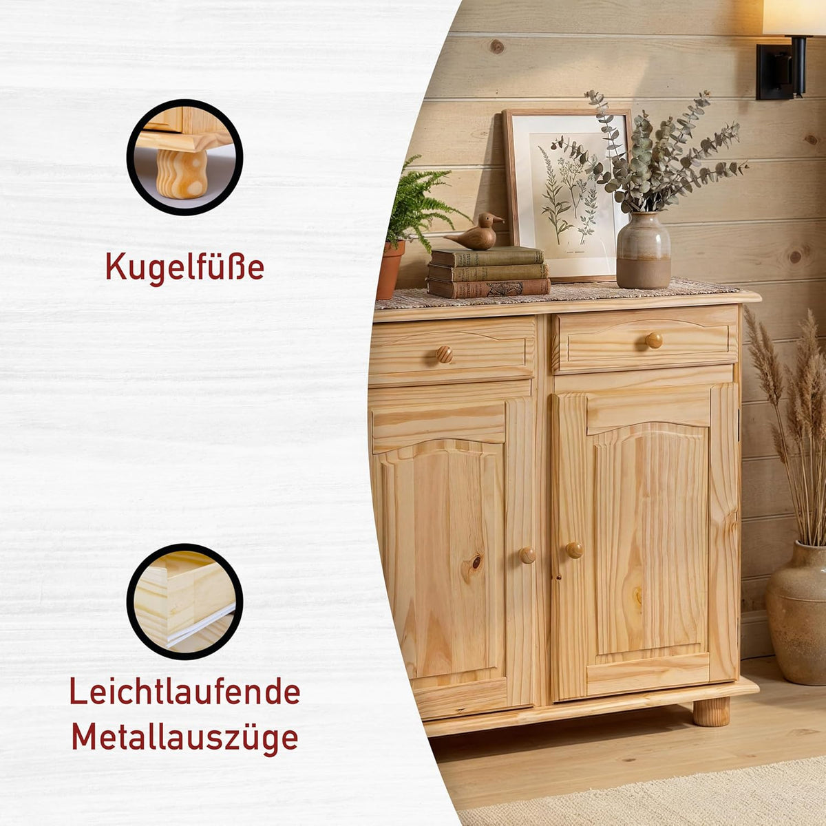 Inter Link - Cottage ladekast - Dressoir - Cottage dressoir - Bijzetkast - Massief grenen - 2 deuren - 2 laden - naturel gelakt