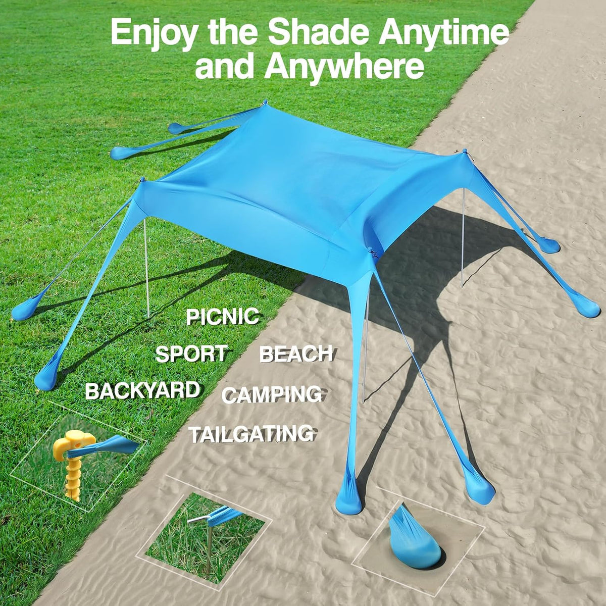 Rhino Valley Strandtent, 7 x 6,5 FT strandschaduw UPF50+ bescherming, strandluifel met 8 zandzakken, 4 stabiliteitspalen, outdoor strandtent, zonnescherm voor zand, camping, visbenodigdheden