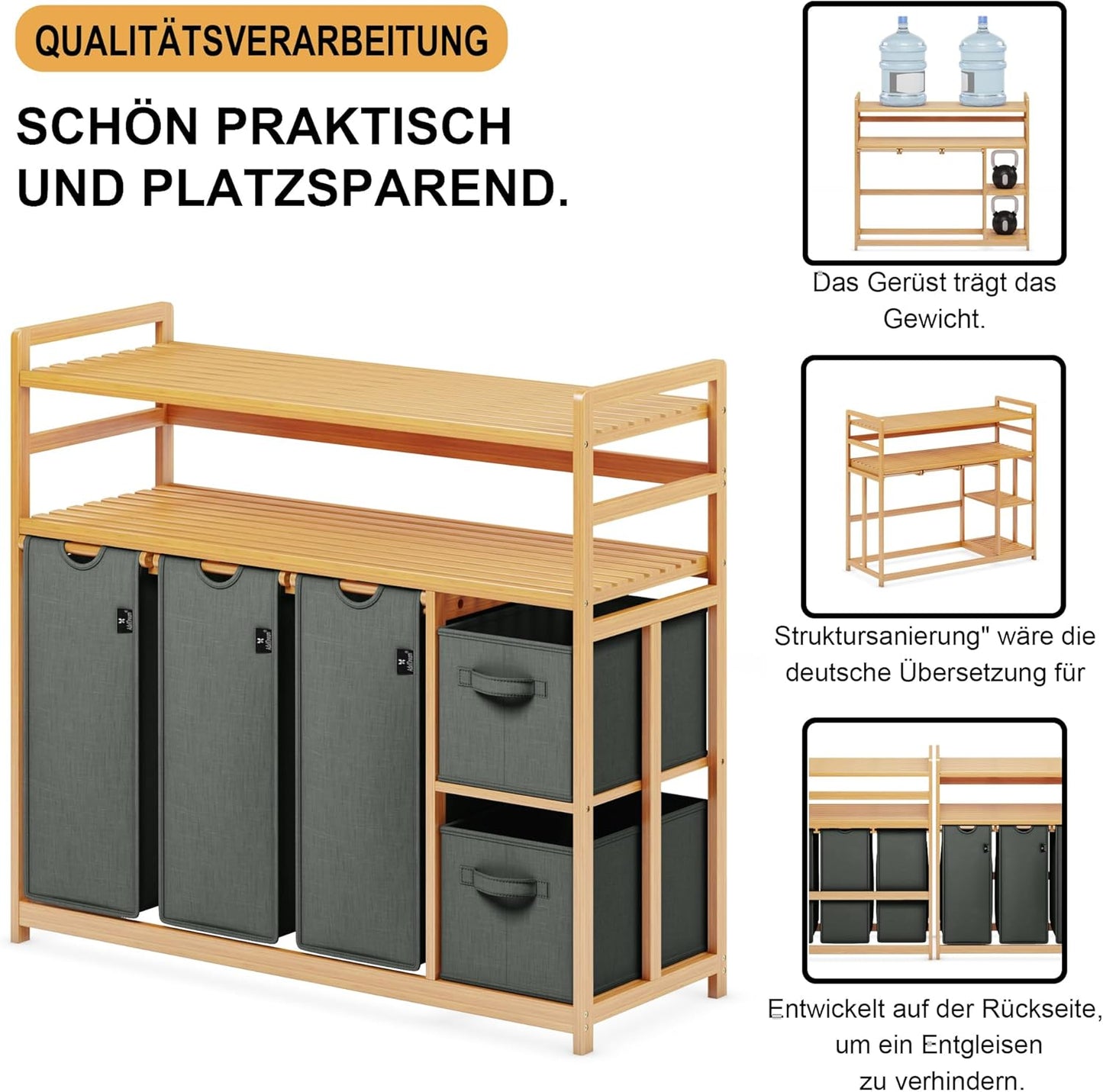 ADEL DREAM Wasmand 5 vakken, 2 planken, wasverzamelaar, 190 liter, wasboxen met mand, wassorteerder met 3 waszakken en 2 stoffen boxen, waszak, bamboe, wasrek, wasmand, laundry basket, donkergrijs