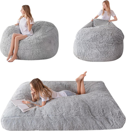 MAXYOYO Enorm zitzakbed, om te zetten van zitzak tot bed, grote bank met pluche overtrek en pluizige vulling inbegrepen, voor volwassenen, paren, gasten (grijs, 135 x 190 cm)