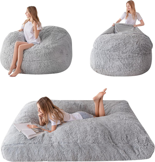 MAXYOYO Enorm zitzakbed, om te zetten van zitzak tot bed, grote bank met pluche overtrek en pluizige vulling inbegrepen, voor volwassenen, paren, gasten (grijs, 135 x 190 cm)