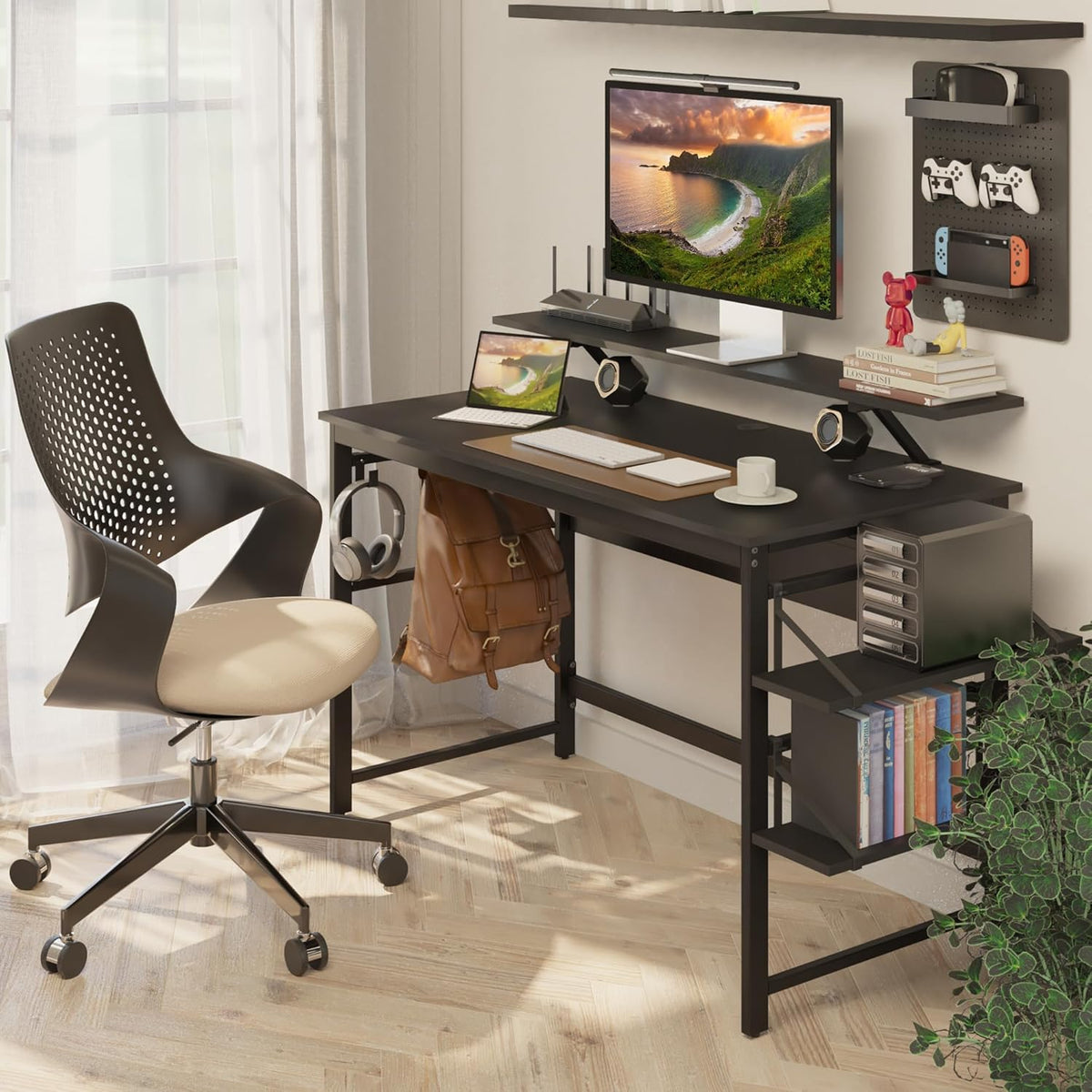Mondeer Computerbureau, werkstation schrijfbureau met 2 verstelbare opbergplanken en grote monitorstandaard, ruimtebesparend voor thuiskantoor studio, 120 x 60 x 90 cm, zwart