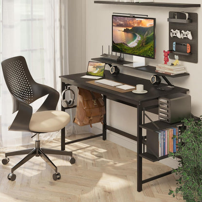 Mondeer Computerbureau, werkstation schrijfbureau met 2 verstelbare opbergplanken en grote monitorstandaard, ruimtebesparend voor thuiskantoor studio, 120 x 60 x 90 cm, zwart